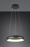 Lampa wisząca Cardona w kolorze czarnym, z jedną diodą LED o mocy 29W. Okrągły kształt z matowym wykończeniem i białym kloszem emitującym światło. Zawieszona na cienkich linkach, montowana do sufitu, na jednolitym tle.