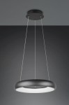 Lampa wisząca Cardona w kolorze czarnym, z okrągłym kloszem LED o średnicy 29 cm. Zawieszona na cienkich linkach, emitująca ciepłe światło, zamontowana na sufitowej podstawie. Prosty, nowoczesny design, idealna do salonu lub jadalni.