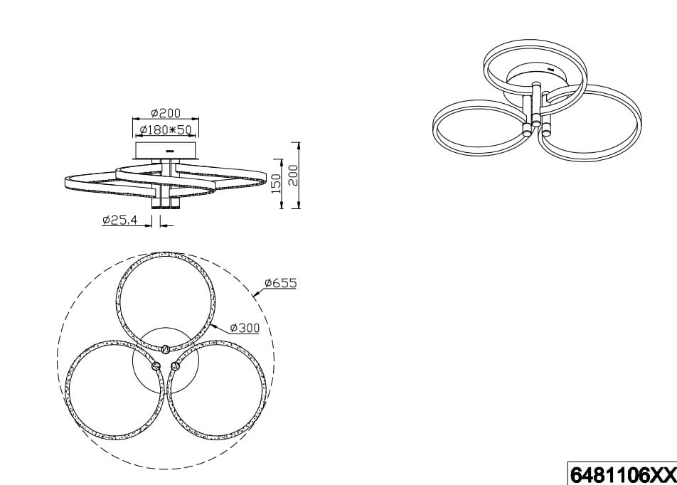 Lampa sufitowa Caruso z jedną diodą LED o mocy 43W, w kolorze czarnym z aluminiowymi akcentami. Konstrukcja składa się z trzech okrągłych pierścieni, montowana na suficie, o średnicy 65,5 cm i wysokości 15 cm.