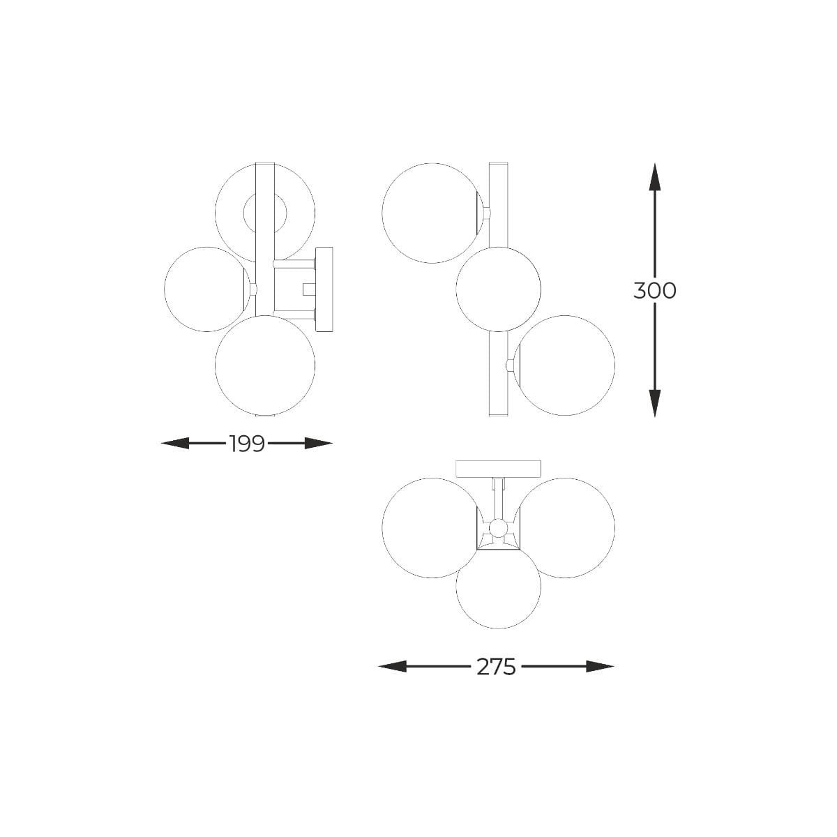 Kinkiet Molecule z trzema oprawami G9 w kolorze złotym. Wymiary: szerokość 275 mm, wysokość 300 mm, głębokość 199 mm. Trójkulisty kształt z zaokrąglonymi kloszami. Prosta, nowoczesna konstrukcja, idealna do wnętrz.
