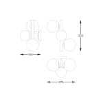 Kinkiet Molecule z trzema oprawami G9 w kolorze złotym. Wymiary: szerokość 275 mm, wysokość 300 mm, głębokość 199 mm. Trójkulisty kształt z zaokrąglonymi kloszami. Prosta, nowoczesna konstrukcja, idealna do wnętrz.