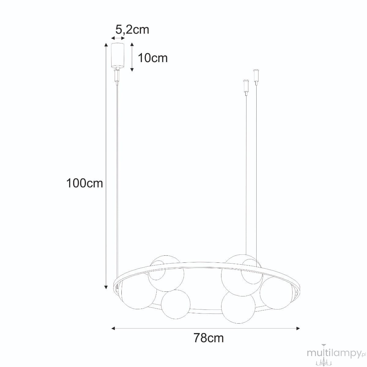 Lampa wisząca Orbit w kolorze czarnym i białym, z miejscem na 3 żarówki E27 oraz 3 E14. Okrągła podstawa o średnicy 78 cm, zawieszona na dwóch kablach o długości 100 cm. Wysokość oprawy 10 cm, górny element 5,2 cm.