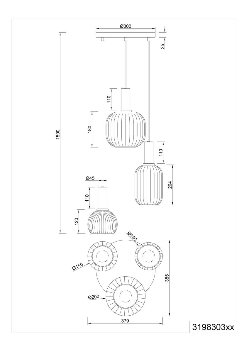 Lampa wisząca Diva z trzema kloszami E27 w kolorze czarnym i białym. Klosze o różnych kształtach: jeden okrągły i dwa w formie cylindrycznej. Długość zwisu 150 cm, szerokość 30 cm. Prosta instalacja, nowoczesny design. Wysokość kloszy: 110-204 mm.