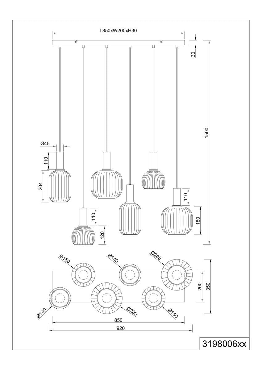 Lampa wisząca Diva w kolorze czarnym i chromowym, z sześcioma oprawami E27. Ułożona na prostokątnej podstawie, z różnymi długościami zwisających kloszy o kształcie cylindrycznym. Wymiary: 850 mm długości, 200 mm szerokości, 1500 mm wysokości.