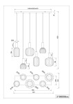 Lampa wisząca Diva w kolorze czarnym i chromowym, z sześcioma oprawami E27. Ułożona na prostokątnej podstawie, z różnymi długościami zwisających kloszy o kształcie cylindrycznym. Wymiary: 850 mm długości, 200 mm szerokości, 1500 mm wysokości.