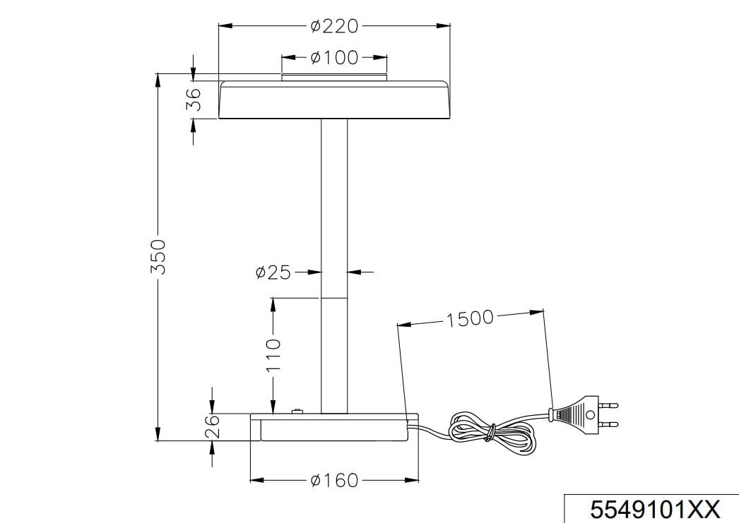 Lampa stołowa Celeste w kolorze czarnym z przydymionym kloszem, o wysokości 350 mm i średnicy podstawy 160 mm. Wyposażona w 1xLED/10W, z kablem zasilającym o długości 1500 mm. Ujęcie z boku, ukazujące szczegóły wymiarów i konstrukcji.