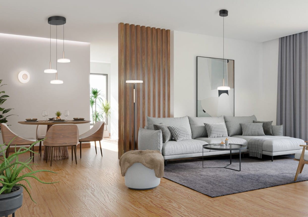 Plafon Celeste 1xLED/10W w kolorze kawowym i białym, zamontowany na suficie. Produkt ma minimalistyczny design z okrągłym kloszem, w otoczeniu nowoczesnego wnętrza z drewnianymi akcentami i roślinnością.