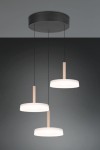 Lampa wisząca Celeste z trzema okrągłymi kloszami w białym kolorze, zawieszona na cienkich czarnych linkach. Metalowe elementy w odcieniu kawowym. Montaż sufitowy, widok frontalny, na jednolitym tle.