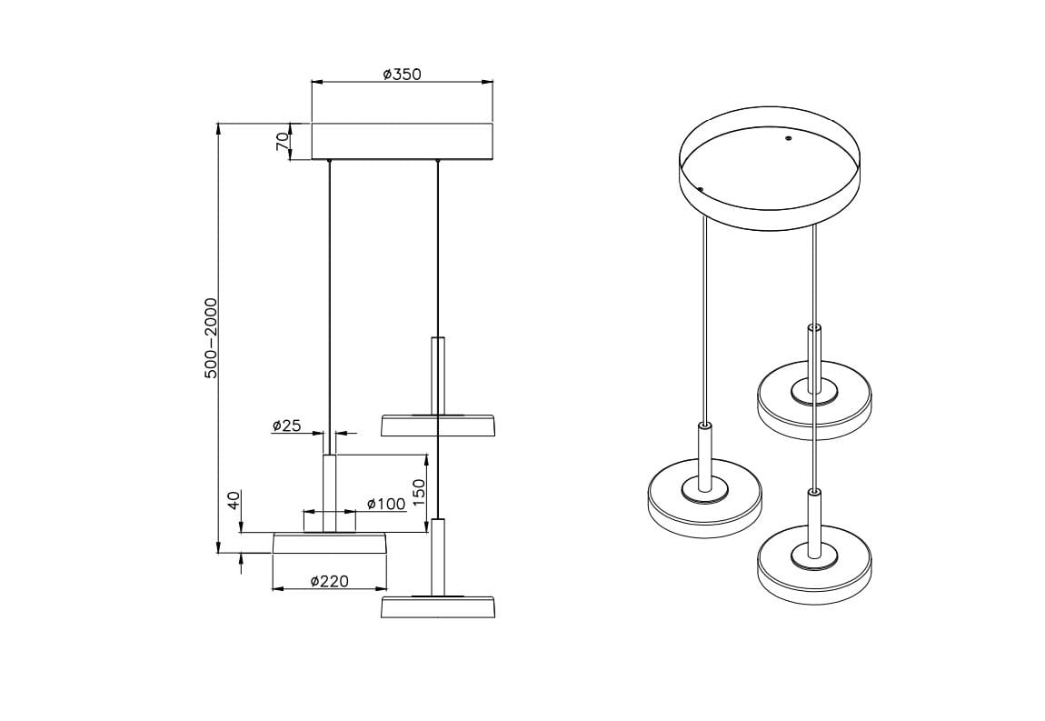 Lampa wisząca Celeste z trzema źródłami LED o mocy 22,5W. Kolor kawowy i biały, z okrągłymi kloszami o średnicy 220 mm, zawieszona na regulowanych linkach. Kąt ujęcia frontalny, pokazujący szczegóły konstrukcji i proporcje.
