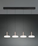 Lampa wisząca Celeste z czterema źródłami LED, w kolorze kawowym i białym. Posiada prostokątną, czarną oprawę oraz cztery okrągłe klosze zawieszone na cienkich linkach. Klosze mają subtelne, złote elementy. Idealna do nowoczesnych wnętrz.