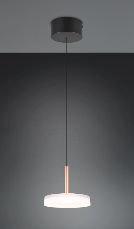 Lampa wisząca Celeste w kolorze kawowym i białym, z jedną diodą LED 10W. Okrągła, płaska oprawa na metalowym, złotym wsporniku, zawieszona na cienkim kablu. Ujęcie frontalne na jednolitym tle.