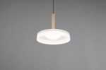 Lampa wisząca Celeste w kolorze kawowym i białym, z metalowym, złotym uchwytem. Okrągły klosz z matowego szkła, zawieszony na czarnym przewodzie. Źródło światła LED o mocy 10W, widoczny efekt rozproszonego światła. Idealna do nowoczesnych wnętrz.