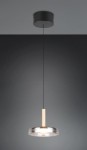 Lampa wisząca Celeste z jedną diodą LED o mocy 10W, w kolorze czarnym z chromowanym wykończeniem. Posiada drewniany uchwyt oraz szklany klosz w kształcie okręgu, zawieszona na cienkim czarnym przewodzie.