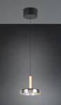 Lampa wisząca Celeste z jedną żarówką LED 10W, w kolorze czarnym i chromowanym, z drewnianym uchwytem. Posiada okrągły klosz z przezroczystym wykończeniem, zawieszona na cienkim, czarnym przewodzie.