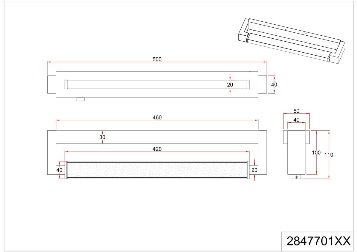 Kinkiet Fabrizio 1xLED/9W/CCT/IP44 w kolorze chromu. Prosty, prostokątny kształt z wymiarami 500x20 mm. Ujęcie z boku, z widocznymi detalami montażowymi oraz wymiarami. Idealny do nowoczesnych wnętrz.