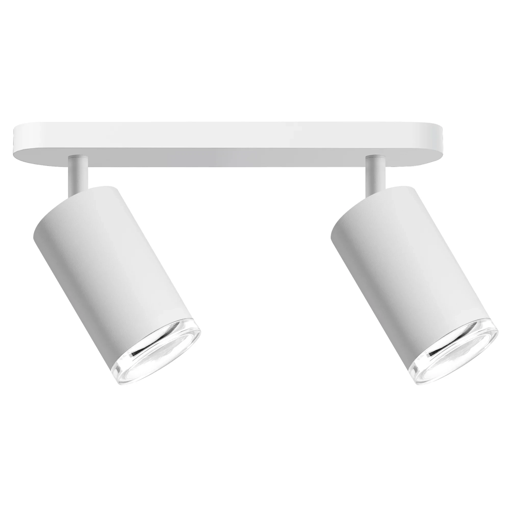 Biała lampa sufitowa Turyn IP44 z dwoma reflektorami GU10, zamontowana na prostokątnej podstawie. Reflektory o cylindrycznym kształcie są skierowane w różnych kierunkach, co umożliwia regulację oświetlenia. Idealna do wnętrz.