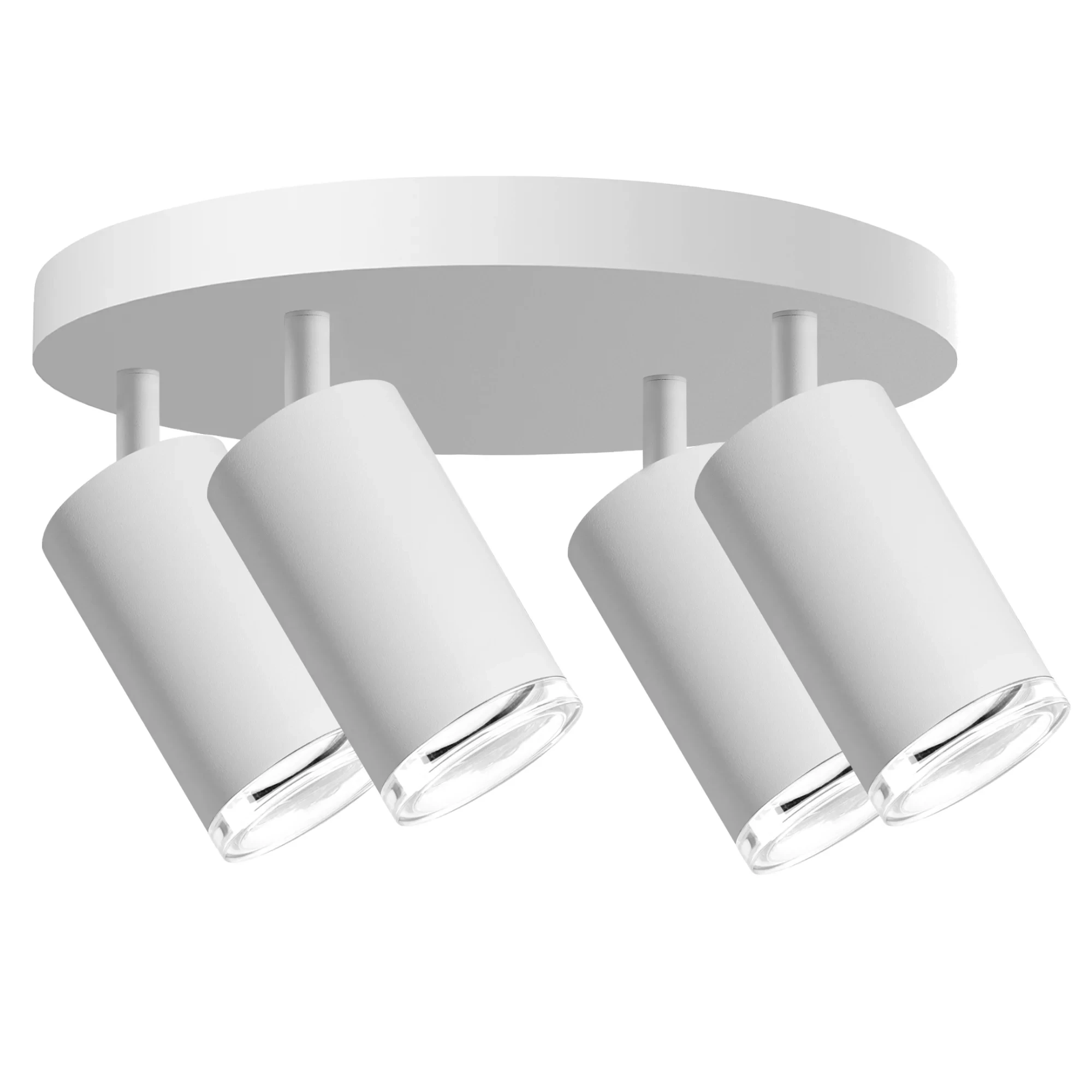 Lampa sufitowa Turyn IP44 w kolorze białym z czterema reflektorami GU10. Reflektory o cylindrycznym kształcie zamocowane na okrągłej podstawie. Ujęcie z przodu, ukazujące wszystkie elementy konstrukcji.