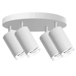 Lampa sufitowa Turyn IP44 w kolorze białym z czterema reflektorami GU10. Reflektory o cylindrycznym kształcie zamocowane na okrągłej podstawie. Ujęcie z przodu, ukazujące wszystkie elementy konstrukcji.