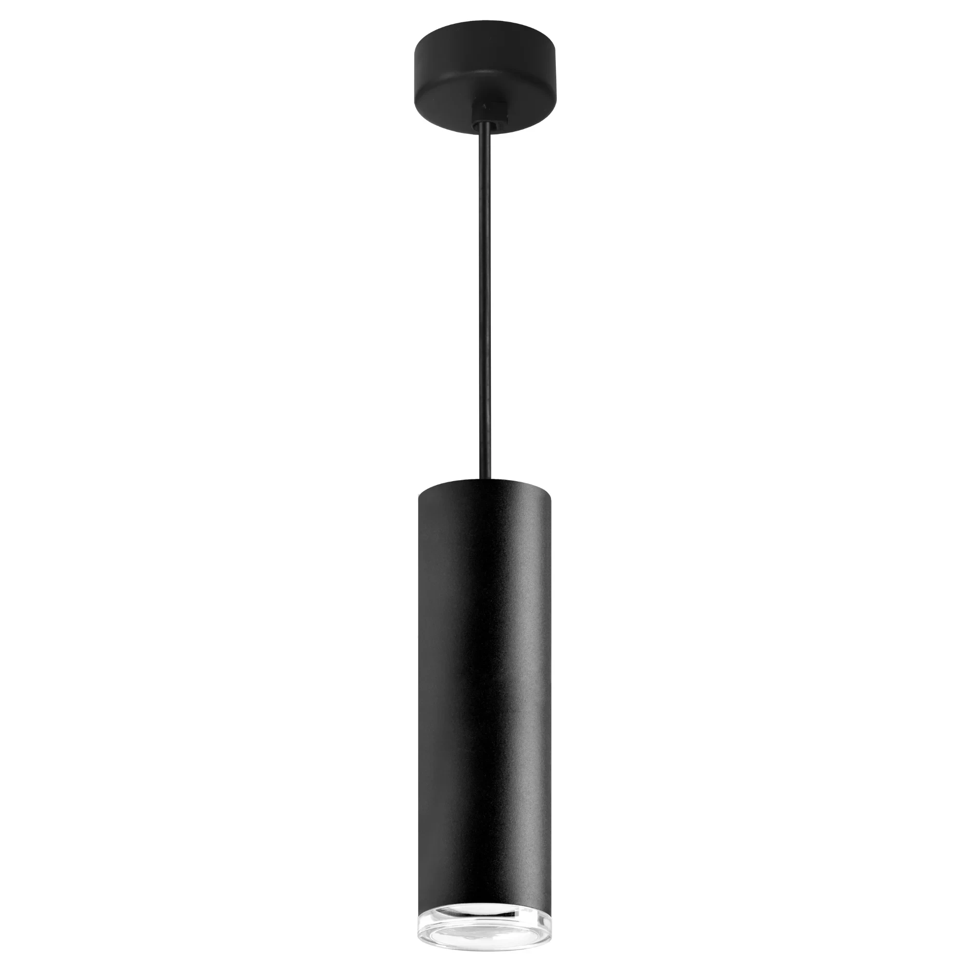 Czarna lampa wisząca Turyn IP44 z jednym gniazdem GU10, w cylindrycznym kształcie, zawieszona na cienkim przewodzie. W dolnej części znajduje się przezroczysta osłona, która umożliwia emisję światła. Produkt zawieszony na prostokątnym mocowaniu sufitowym.
