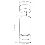 Czarna lampa sufitowa Turyn IP44 z jednym miejscem na żarówkę GU10. Cylindryczny kształt, średnica 60 mm, wysokość 100 mm. Waga 190 g, z montażem sufitowym. Przeznaczona do użytku wewnętrznego.
