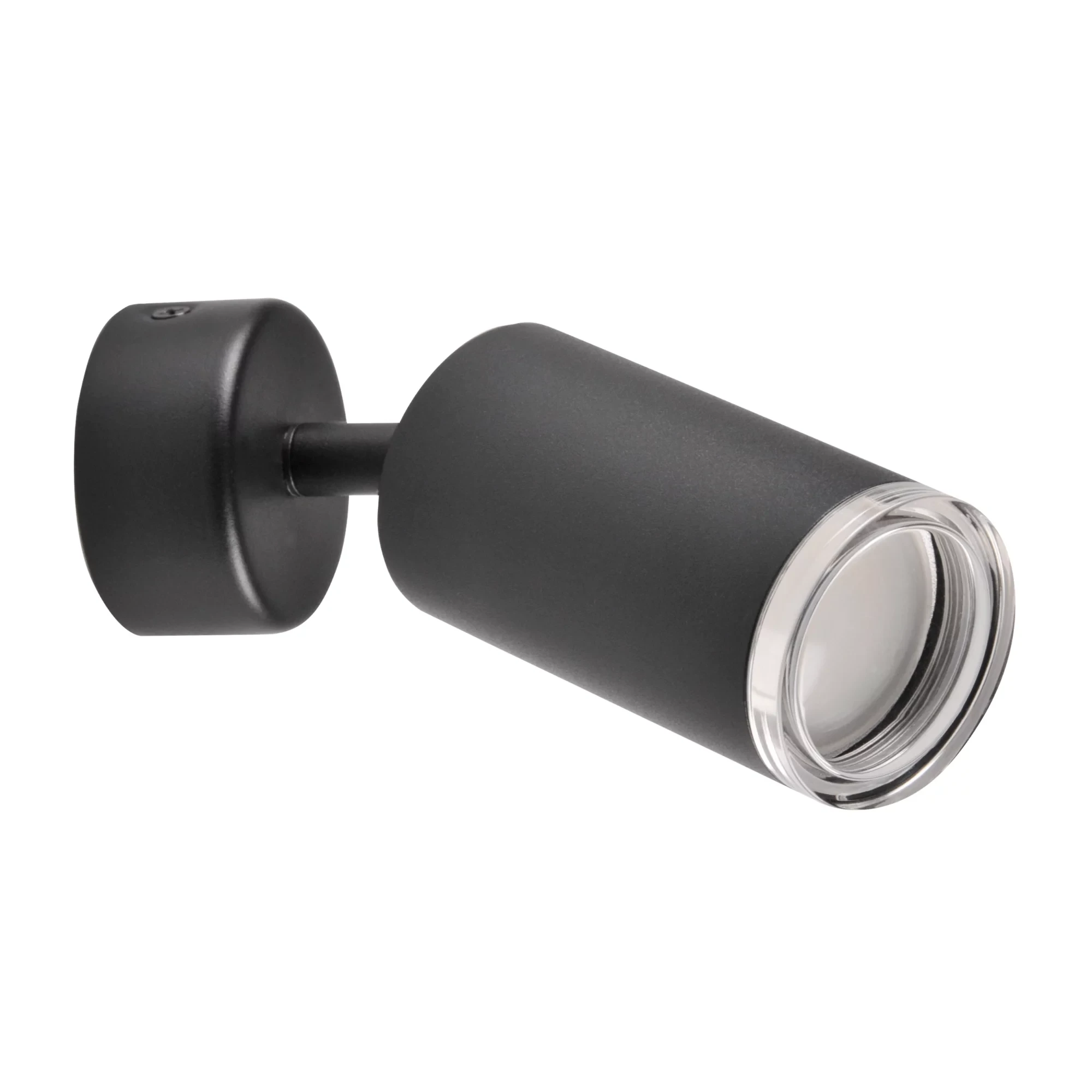 Czarna lampa sufitowa (spot) Turyn IP44 z oprawą na jedną żarówkę GU10. Lampa ma cylindryczny kształt z matowym wykończeniem i przezroczystą soczewką na końcu, zamontowana na okrągłej podstawie.