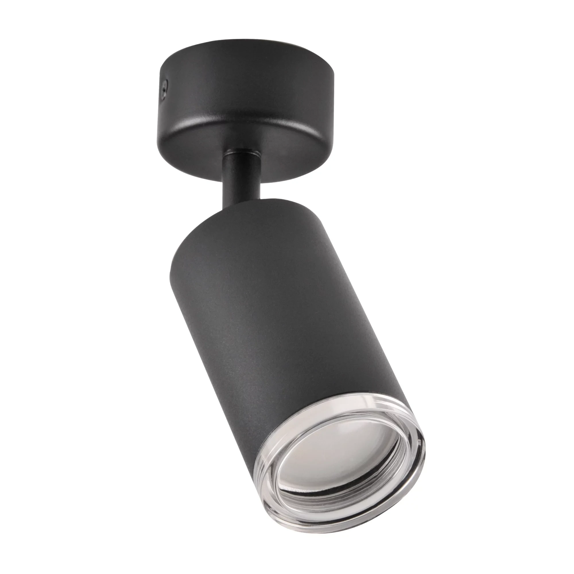 Czarna lampa sufitowa Turyn IP44 z jednym spotem, wyposażona w oprawę GU10. Cylindryczny korpus z matowego metalu, z przezroczystą szybą na końcu, zamontowana na okrągłej podstawie. Ujęcie z boku, ukazujące detal konstrukcji.