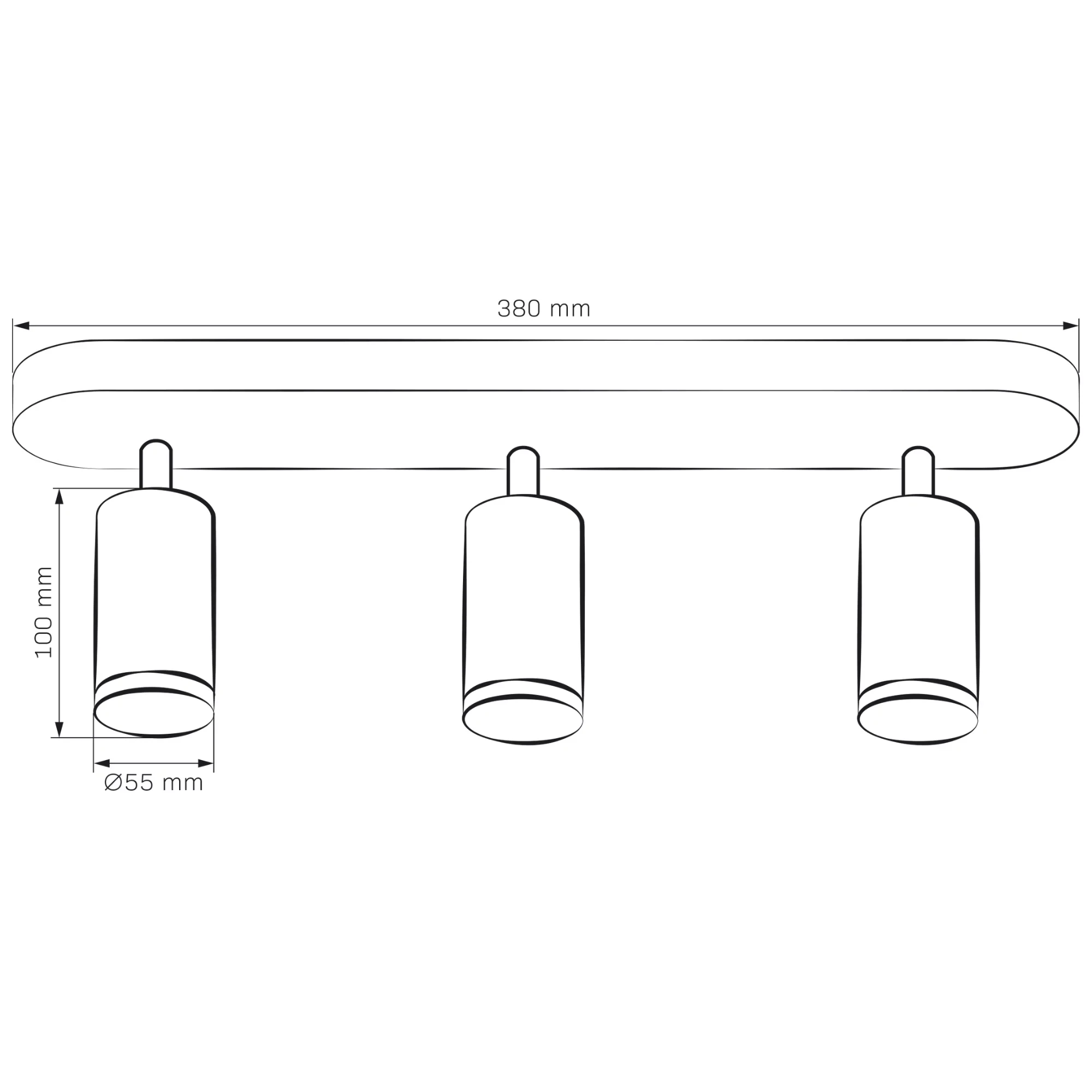 Czarna lampa sufitowa Turyn IP44 z trzema reflektorami GU10. Lampa ma prostokątną podstawę o długości 380 mm i wysokości 100 mm, z trzema cylindrycznymi kloszami o średnicy 55 mm, zawieszonymi na równych odstępach.