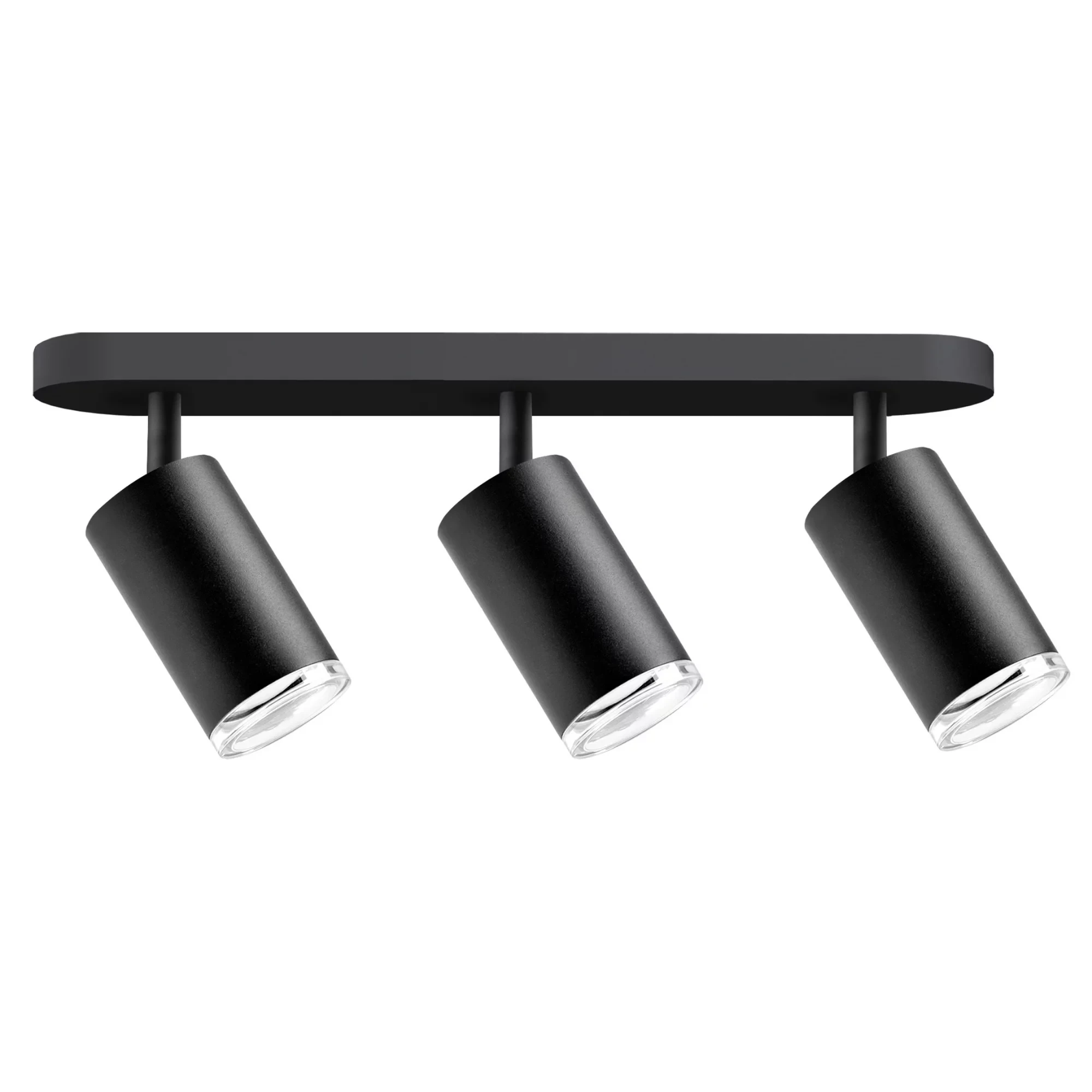 Lampa sufitowa Turyn IP44 w kolorze czarnym z trzema ruchomymi spotami na podstawie. Każdy reflektor ma cylindryczny kształt z przezroczystym kloszem, montowana pod sufitem. Idealna do oświetlenia wnętrz.