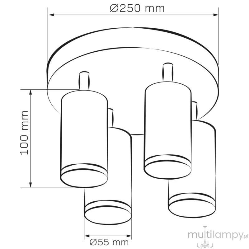 Czarna lampa sufitowa Turyn IP44 z czterema punktami świetlnymi typu GU10. Okrągła, metalowa podsufitka o średnicy 250 mm, z czterema cylindrycznymi kloszami o średnicy 55 mm, zawieszona na wysokości 100 mm. Idealna do wnętrz.