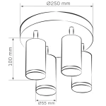 Czarna lampa sufitowa Turyn IP44 z czterema punktami świetlnymi typu GU10. Okrągła, metalowa podsufitka o średnicy 250 mm, z czterema cylindrycznymi kloszami o średnicy 55 mm, zawieszona na wysokości 100 mm. Idealna do wnętrz.