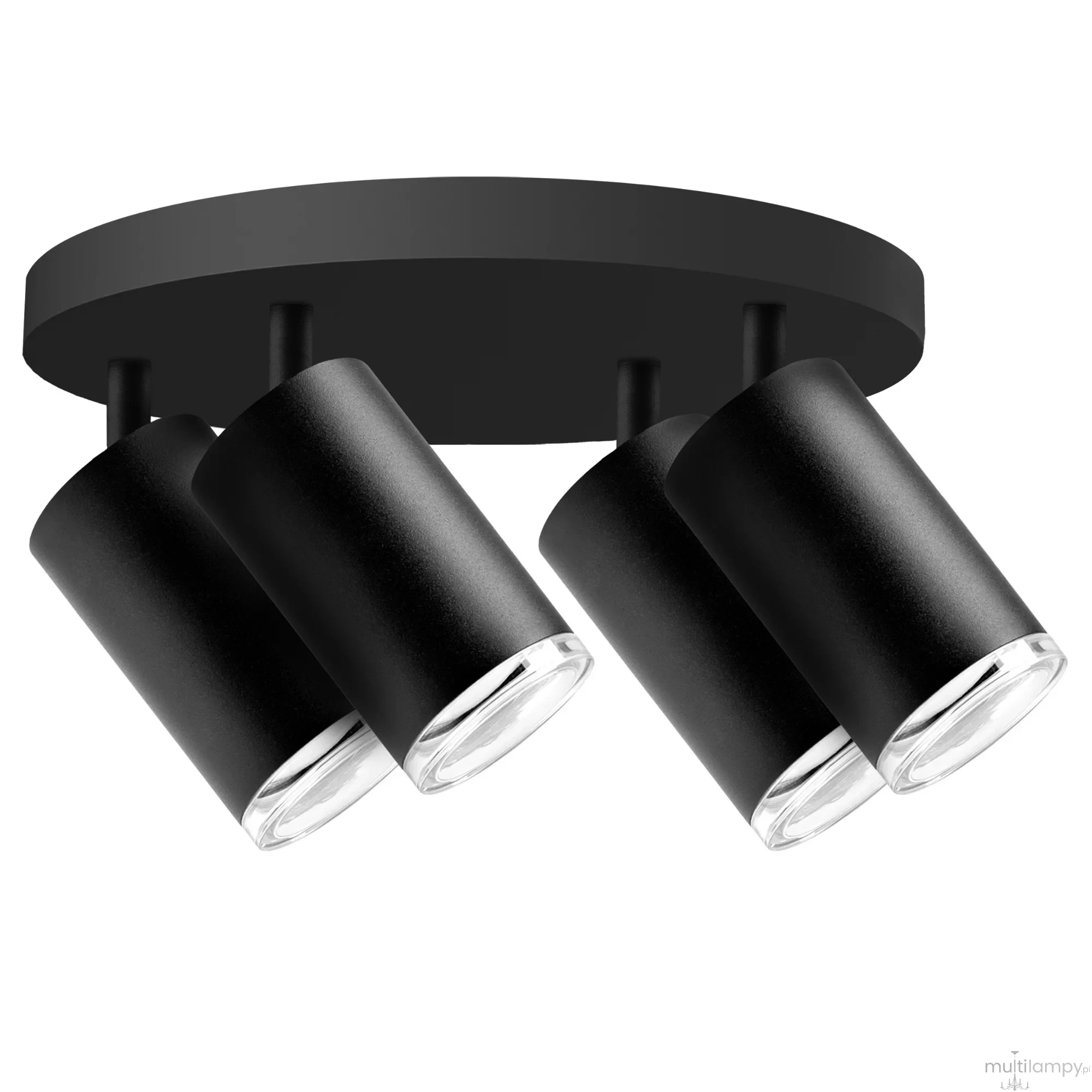 Lampa sufitowa Turyn IP44 w kolorze czarnym z czterema spotami GU10. Ułożona na okrągłej podstawie, z cylindrycznymi kloszami skierowanymi w dół, idealna do oświetlenia wnętrz.