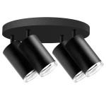 Lampa sufitowa Turyn IP44 w kolorze czarnym z czterema spotami GU10. Ułożona na okrągłej podstawie, z cylindrycznymi kloszami skierowanymi w dół, idealna do oświetlenia wnętrz.
