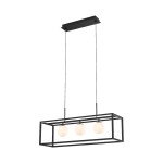Lampa wisząca Piro w kolorze czarnym z metalową ramą, zawieszona na dwóch cienkich linkach. Posiada trzy okrągłe klosze w białym kolorze, mocowanie sufitowe w kształcie prostokąta. Zdalne sterowanie.