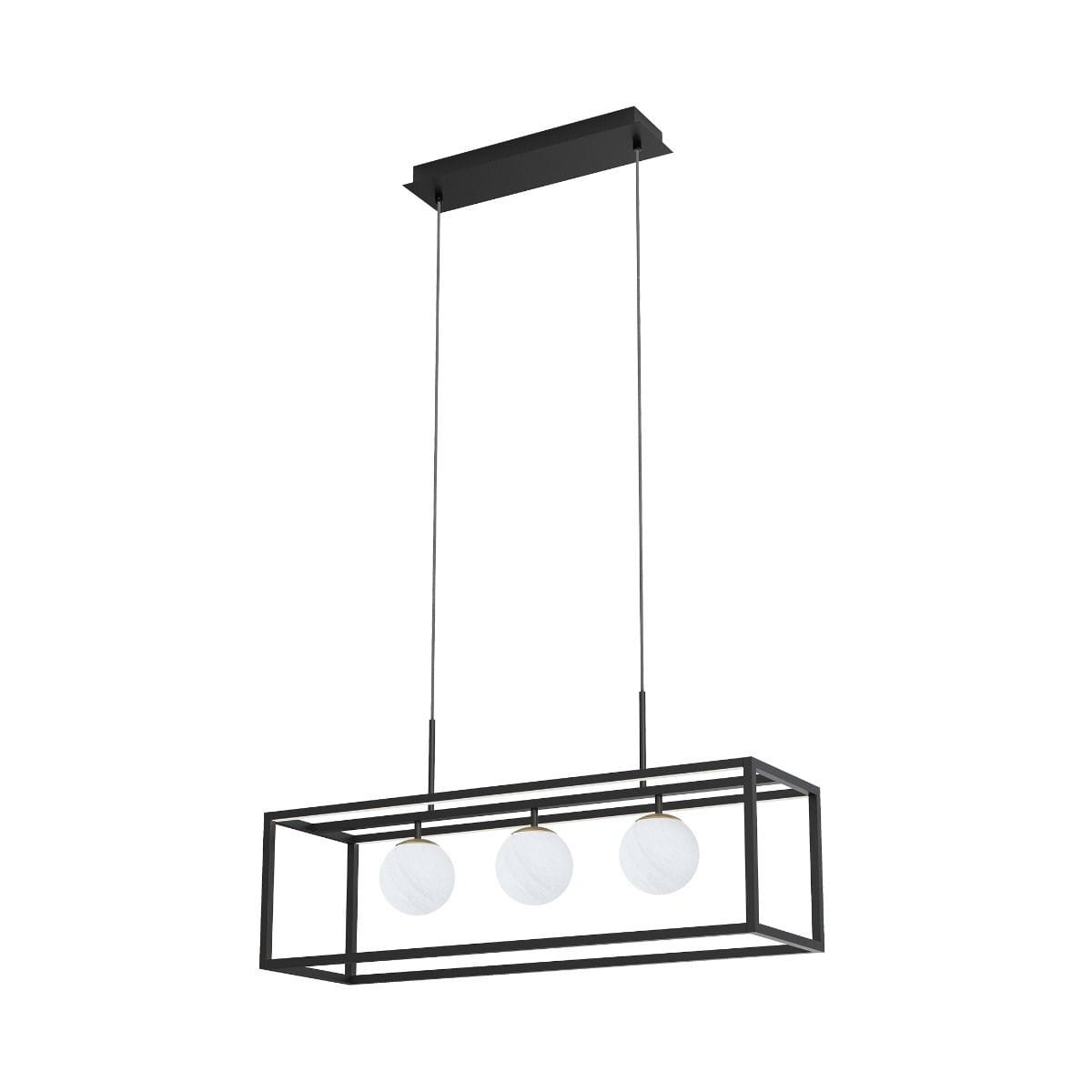 Lampa wisząca Piro z trzema kulistymi źródłami światła, w czarnej metalowej ramie z złotymi detalami. Zawieszona na cienkich linkach, montowana sufitowo, posiada funkcję zdalnego sterowania. Białe klosze o teksturowanej powierzchni.