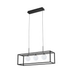 Lampa wisząca Piro z trzema kulistymi źródłami światła, w czarnej metalowej ramie z złotymi detalami. Zawieszona na cienkich linkach, montowana sufitowo, posiada funkcję zdalnego sterowania. Białe klosze o teksturowanej powierzchni.