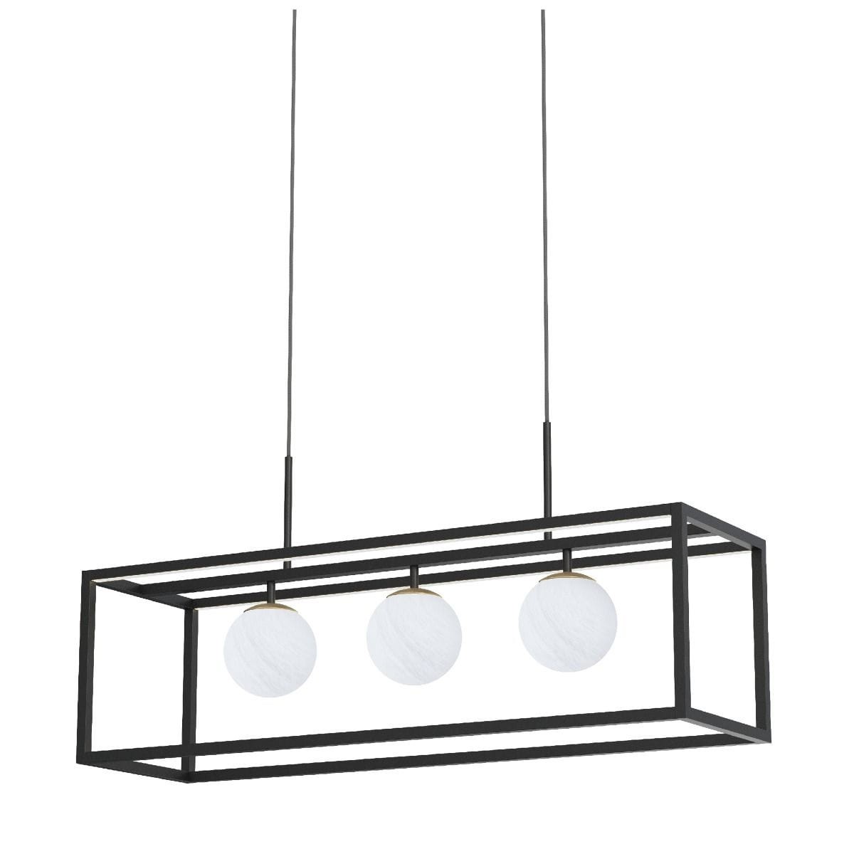 Lampa wisząca Piro z pilotem, w czarnej metalowej ramie, z trzema okrągłymi kloszami w jasnym kolorze. Klosze zawieszone na cienkich linkach, całość o nowoczesnym designie. Idealna do oświetlenia wnętrz.