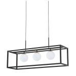 Lampa wisząca Piro z pilotem, w czarnej metalowej ramie, z trzema okrągłymi kloszami w jasnym kolorze. Klosze zawieszone na cienkich linkach, całość o nowoczesnym designie. Idealna do oświetlenia wnętrz.