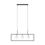 Lampa wisząca Piro z pilotem, czarna z złotymi detalami. Składa się z prostokątnej podstawy z trzema okrągłymi kloszami LED w kolorze białym. Zawieszona na cienkich linkach, w frontalnym ujęciu, idealna do nowoczesnych wnętrz.