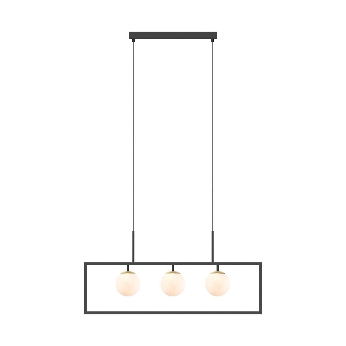 Lampa wisząca Piro z pilotem, w kolorze czarnym i złotym, z trzema okrągłymi kloszami w jasnym odcieniu. Ujęcie frontalne, produkt zawieszony na długich linkach, z prostokątną podstawą. Idealna do nowoczesnych wnętrz.