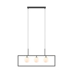 Lampa wisząca Piro z pilotem, w kolorze czarnym i złotym, z trzema okrągłymi kloszami w jasnym odcieniu. Ujęcie frontalne, produkt zawieszony na długich linkach, z prostokątną podstawą. Idealna do nowoczesnych wnętrz.