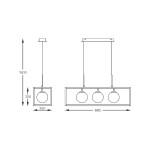 Lampa wisząca Piro w kolorze czarnym i złotym z trzema okrągłymi kloszami. Ujęcie z boku, pokazujące wymiary: 885 mm szerokości, 250 mm głębokości i 1500 mm wysokości. W zestawie pilot do zdalnego sterowania.