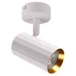 Lampa sufitowa Nicea w kolorze białym z złotym akcentem, o cylindrycznym kształcie z żłobieniami. Ujęcie z boku, z zamontowanym kloszem na żarówkę GU10, skierowanym w dół. Metalowa konstrukcja, minimalistyczny design, idealna do nowoczesnych wnętrz.