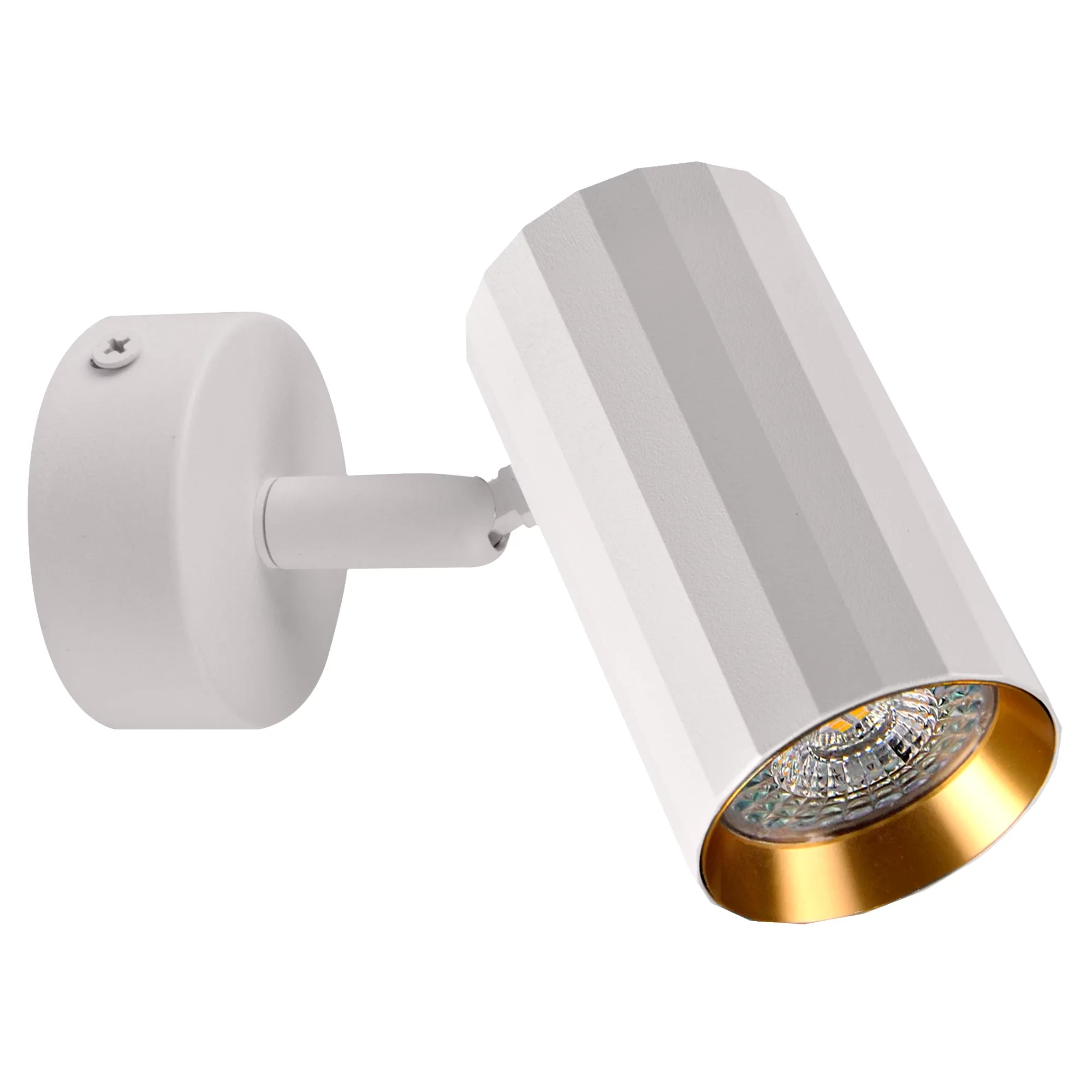 Lampa sufitowa Nicea w kolorze białym i złotym, z cylindrycznym kloszem i matową powierzchnią. Ujęcie z boku, prezentujące uchwyt montażowy oraz detal złotej wewnętrznej części klosza. Idealna do oświetlenia wnętrz.
