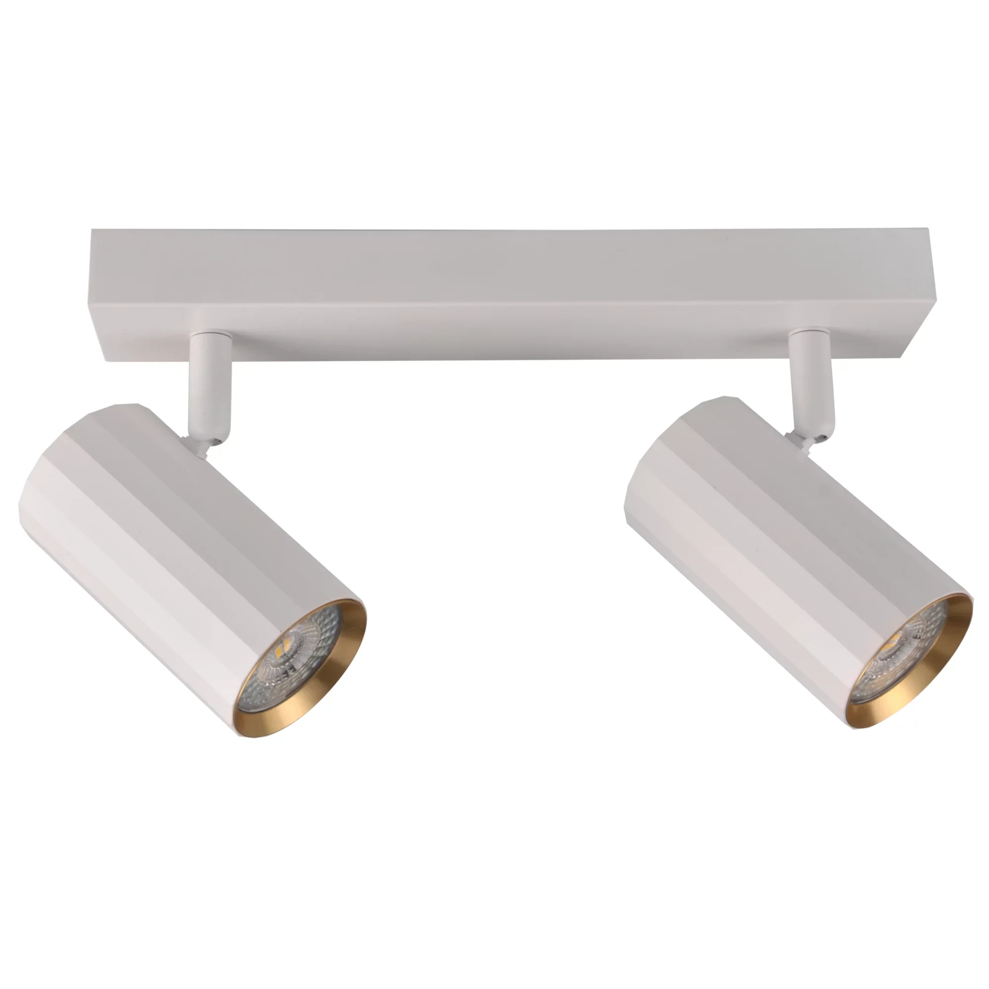 Lampa sufitowa Nicea w kolorze białym i złotym, z dwoma reflektorami GU10. Ułożona poziomo, z cylindrycznymi kloszami o fakturze, oświetlającymi przestrzeń. Metalowa konstrukcja, nowoczesny design.