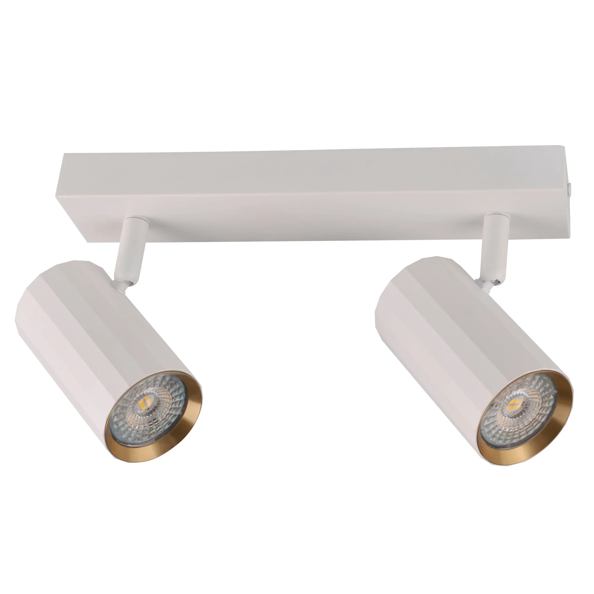 Lampa sufitowa Nicea w kolorze białym i złotym, z dwoma reflektorami GU10. Ułożona poziomo, z widocznymi cylindrycznymi kloszami o matowej fakturze i złotymi obrzeżami, montowana na prostokątnej podstawie.