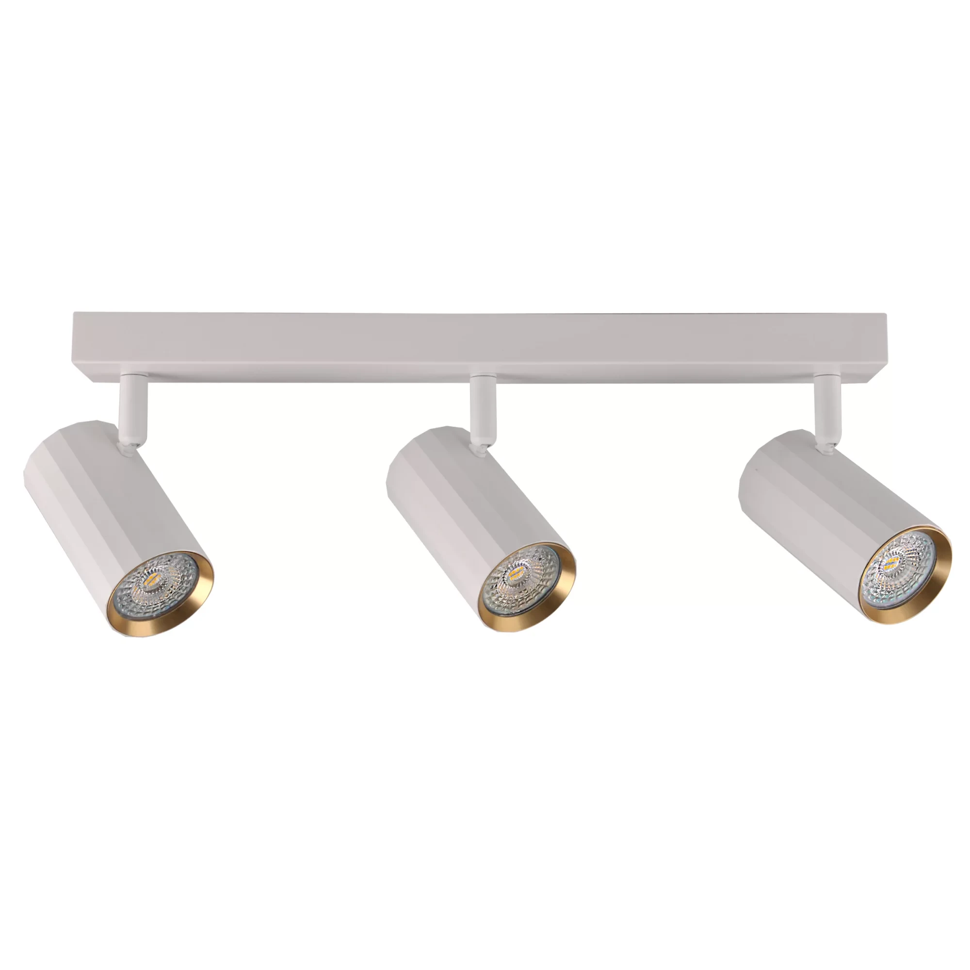 Lampa sufitowa Nicea w kolorze białym z złotymi detalami, z trzema ruchomymi spotami na prostokątnej podstawie. Ujęcie frontalne, pokazujące wszystkie trzy klosze, które mają okrągłe źródła światła.