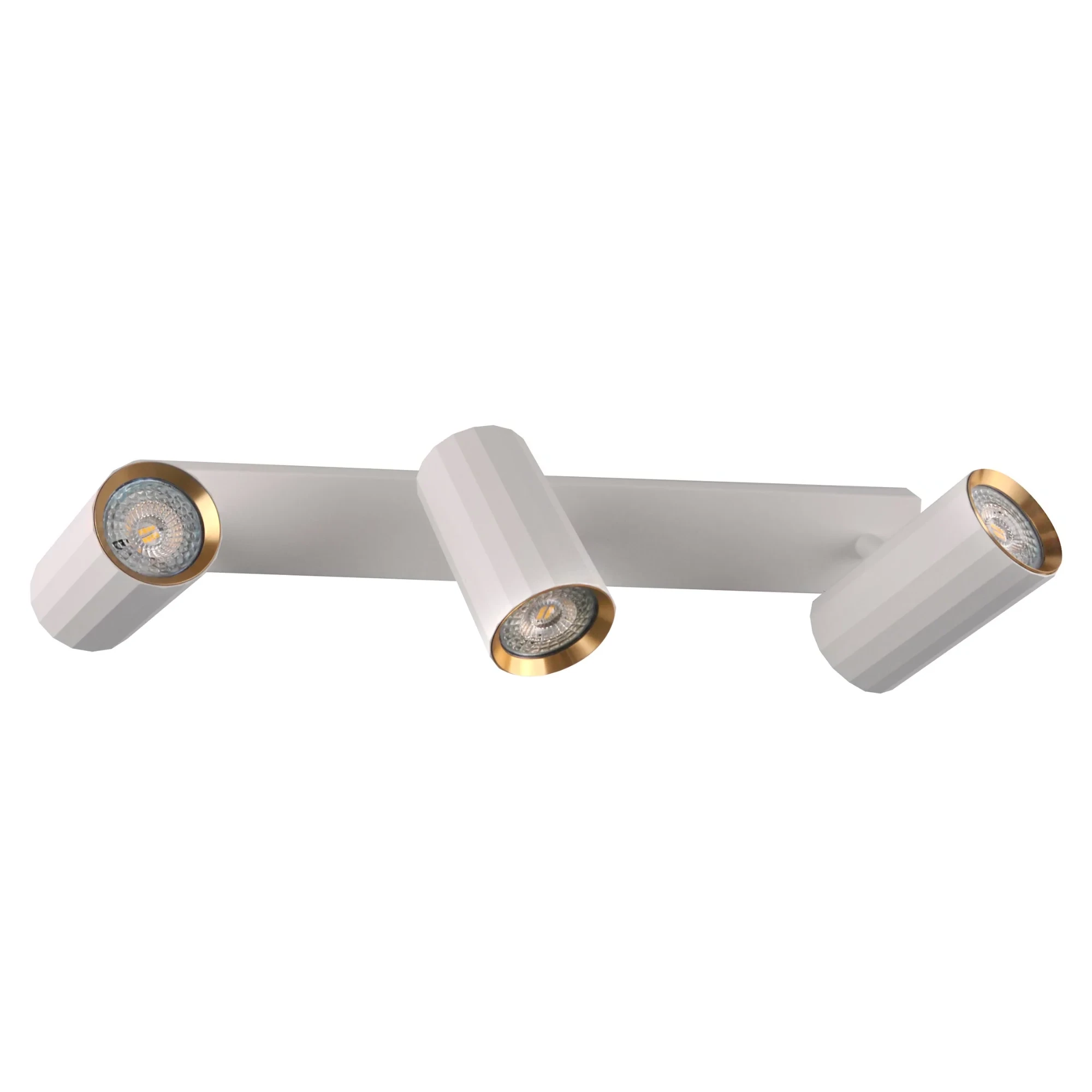 Lampa sufitowa Nicea w kolorze białym z złotymi akcentami, z trzema regulowanymi punktami świetlnymi GU10. Ułożona poziomo, z cylindrycznymi kloszami, każdy z dekoracyjnym złotym wykończeniem.