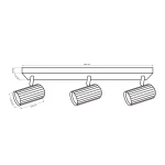 Biała lampa sufitowa typu spot z trzema oprawami na żarówki GU10. Prosta, prostokątna podstawa o wymiarach 390 mm x 25 mm, z trzema cylindrycznymi kloszami o średnicy 100 mm i wysokości 63 mm. Klosze mają delikatne żłobienia.