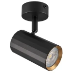 Lampa sufitowa Nicea w kolorze czarnym i złotym, z cylindrycznym korpusem o teksturowanej powierzchni. Ujęcie z boku, pokazujące uchwyt montażowy i żarówkę GU10. Wnętrze reflektora w złotym odcieniu, nadającym elegancki wygląd.