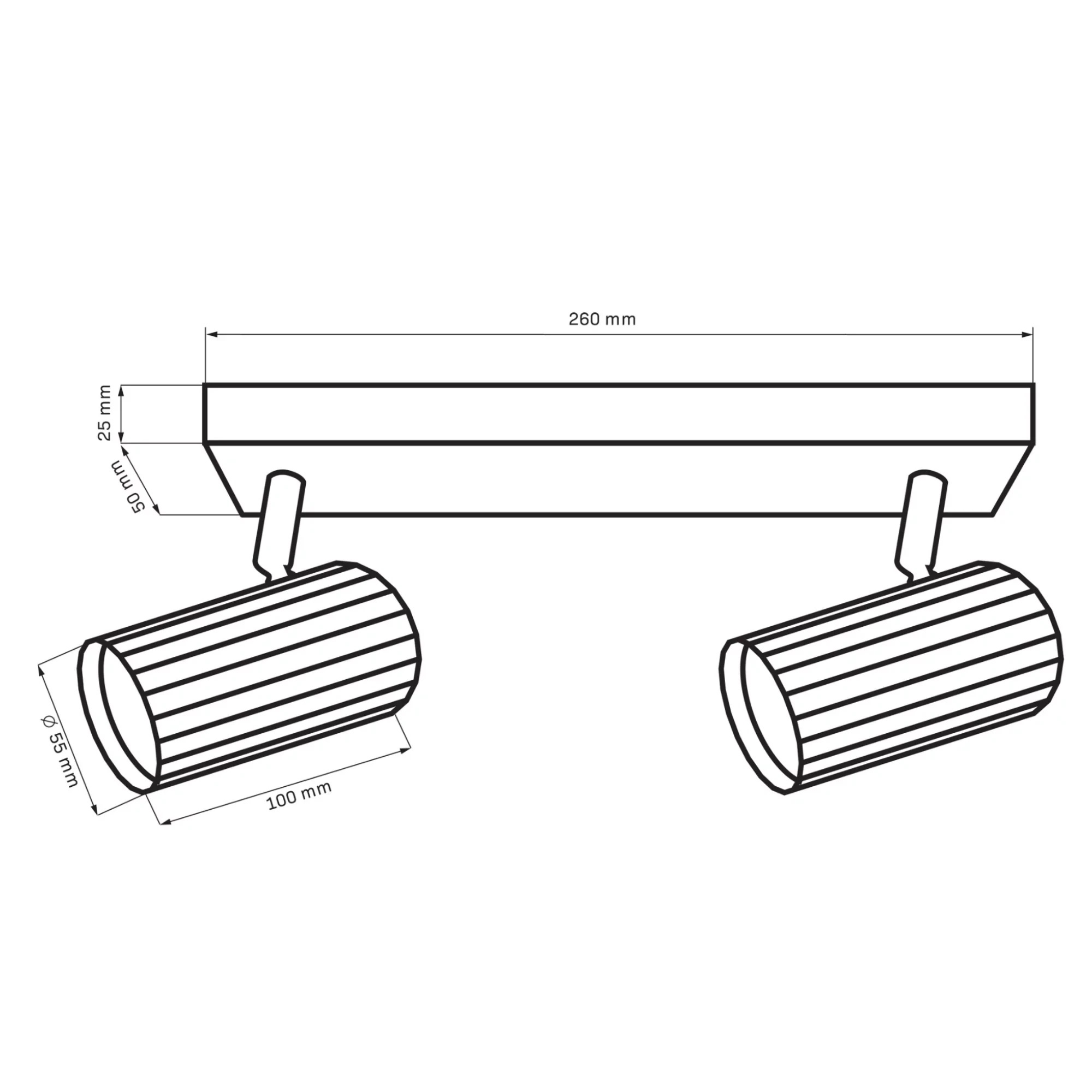 Lampa sufitowa Nicea z dwoma reflektorami GU10 w kolorze czarnym i złotym. Ułożona poziomo, z wymiarami 260 mm długości i 50 mm wysokości. Reflektory cylindryczne, z teksturowaną powierzchnią, zamocowane na prostokątnej podstawie.